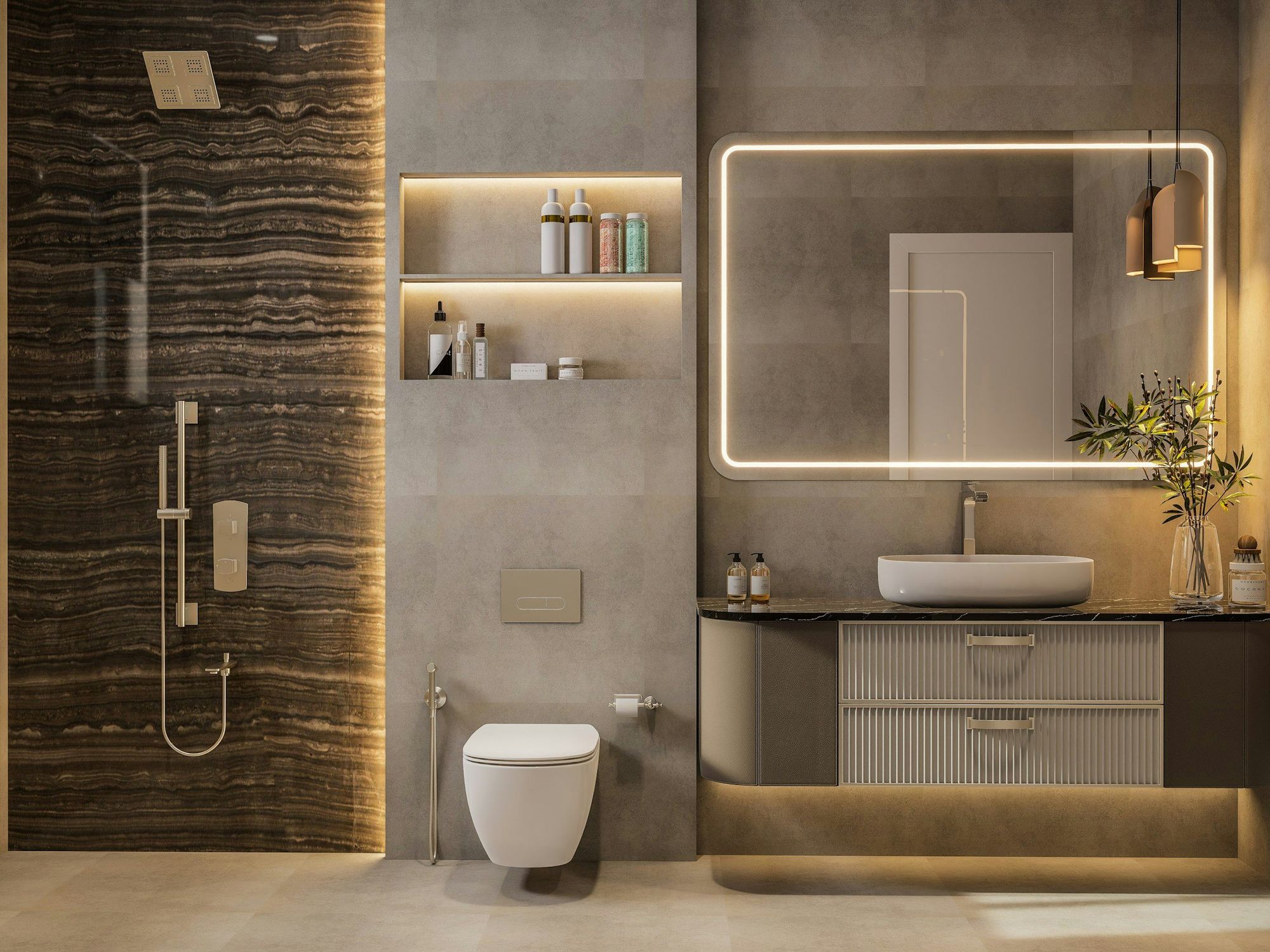 A floating vanity with a backlit mirror and lit shelving