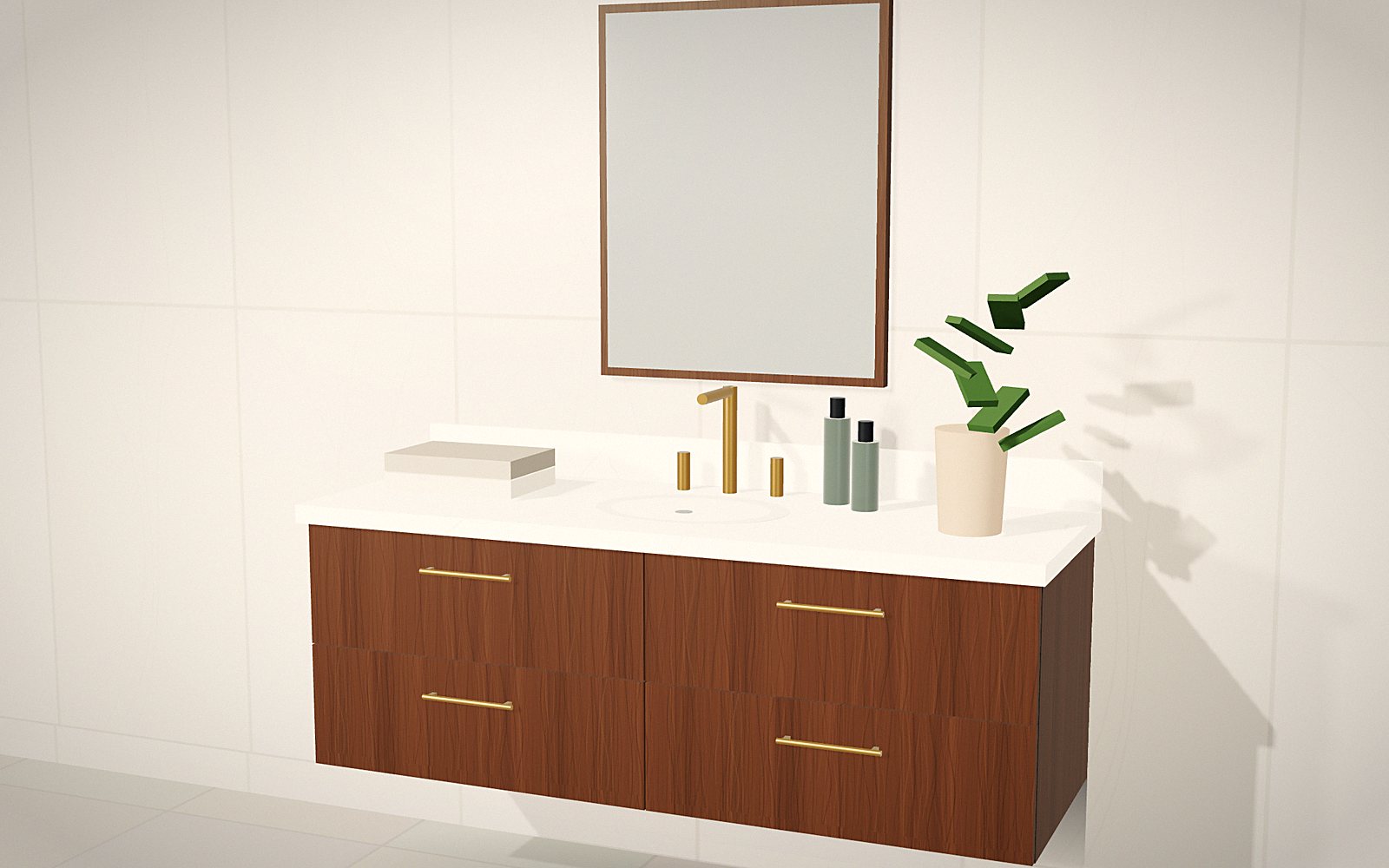 Floating walnut: 3D rendering of a Vanity Worx design